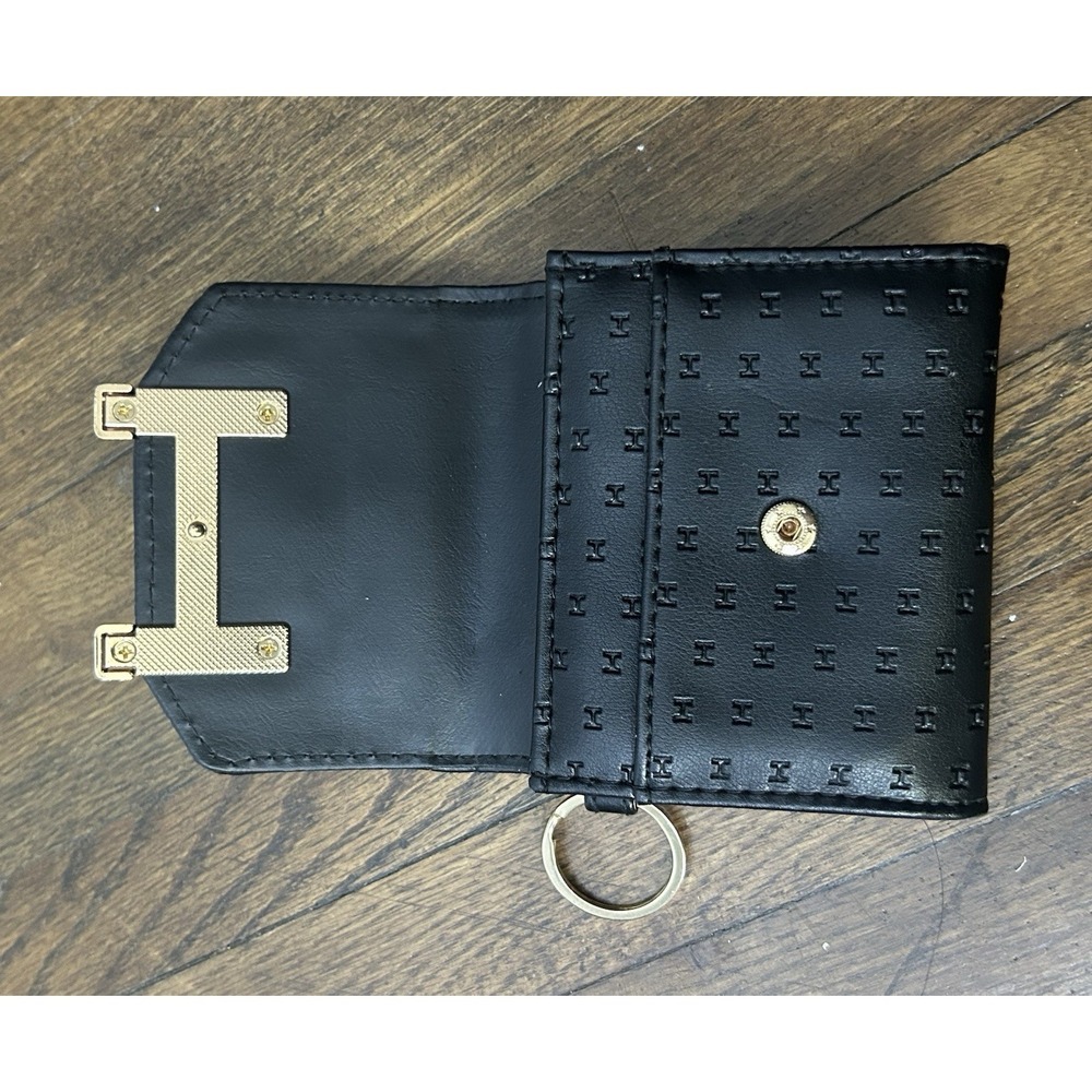 Halston Black Folded Wallet Women Logo Credit Card Gold Hardware Keychain - Picture 2 of 6